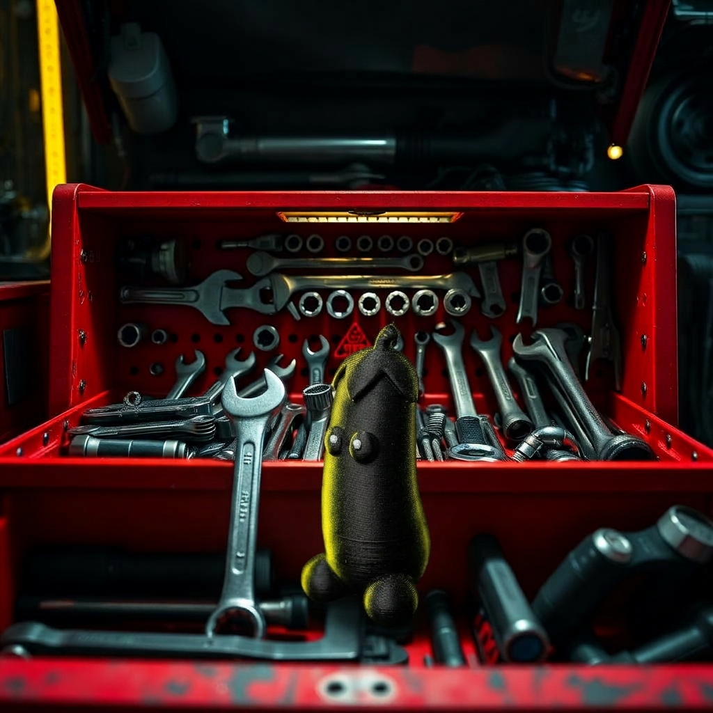 Operator hiding a peen inside a toolbox